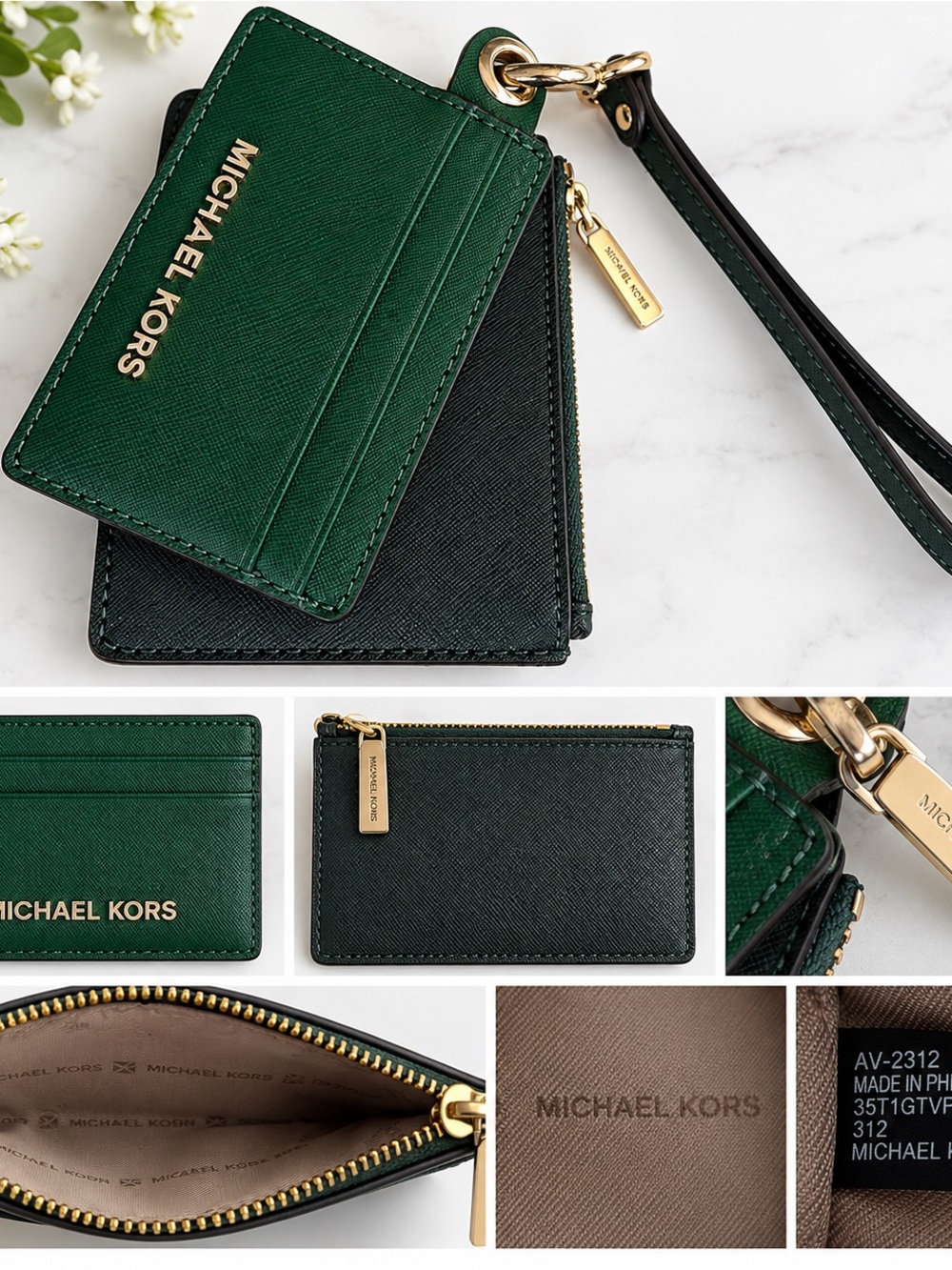 Michael Kors Green Saffiano Leather Wristlet Card Case Zip Wallet Gold Tone